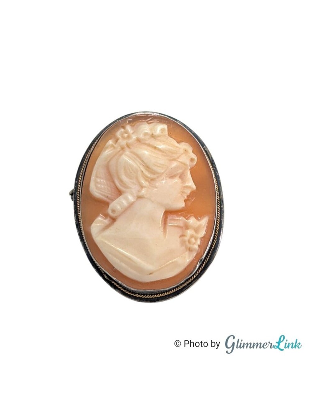 Vintage 800 Silver Carved Shell Cameo Brooch Pendant 1 1/8 Inch